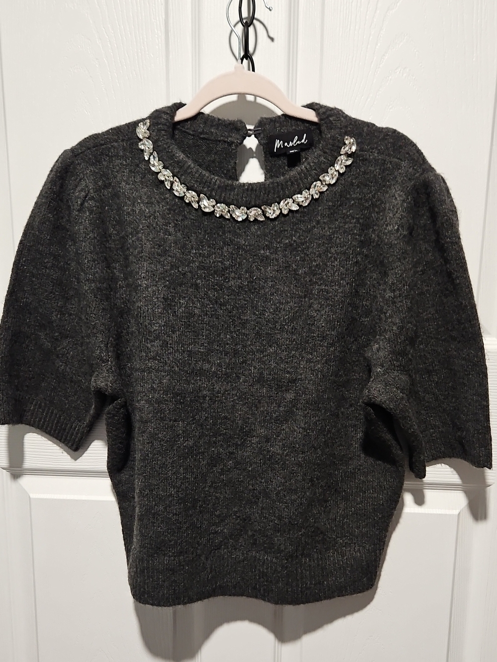Marled Charcoal Crewneck Sweater with Crystal Necklace Trim